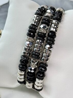Black Silver Multi Strand Beaded Stretch Bracelet Rhinestone Layered Look NWOT